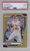 Joe Montana from the 2024 Panini Prizm set featuring a Gold Shimmer parallel graded by PSA and given an overall grade of 9.