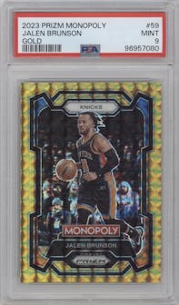Jalen Brunson from the 2023-24 Panini Prizm Monopoly set featuring a  Gold parallel graded by PSA and given an overall grade of 9.