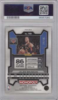 Jalen Brunson from the 2023-24 Panini Prizm Monopoly set featuring a  Gold parallel graded by PSA and given an overall grade of 9.