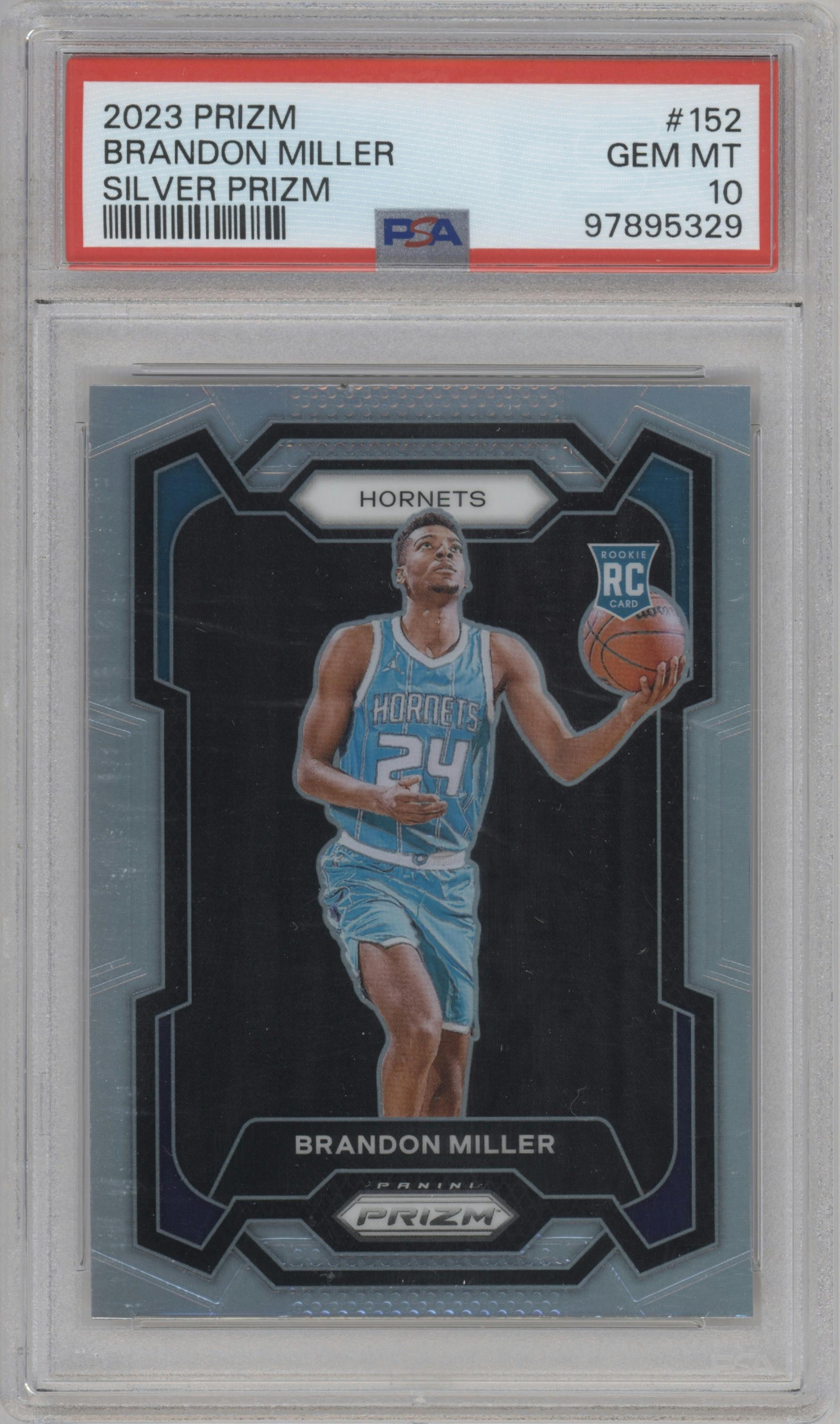 Brandon Miller from the 2023-24 Panini Prizm set featuring a Silver Prizm  parallel graded by PSA and given an overall grade of 10.