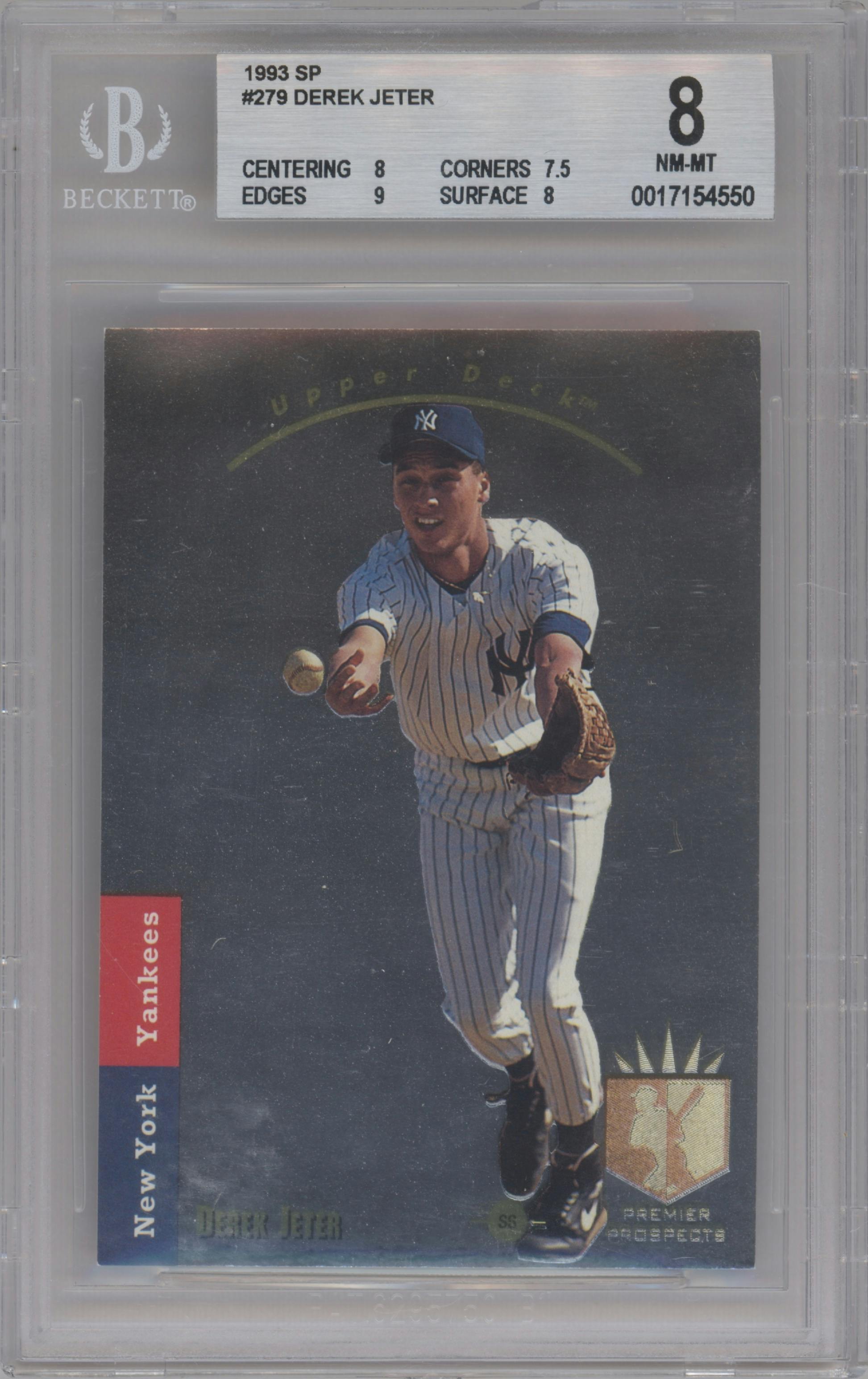 Derek Jeter from the 1993 Upper Deck SP set graded by Beckett and given an overall grade of 8.