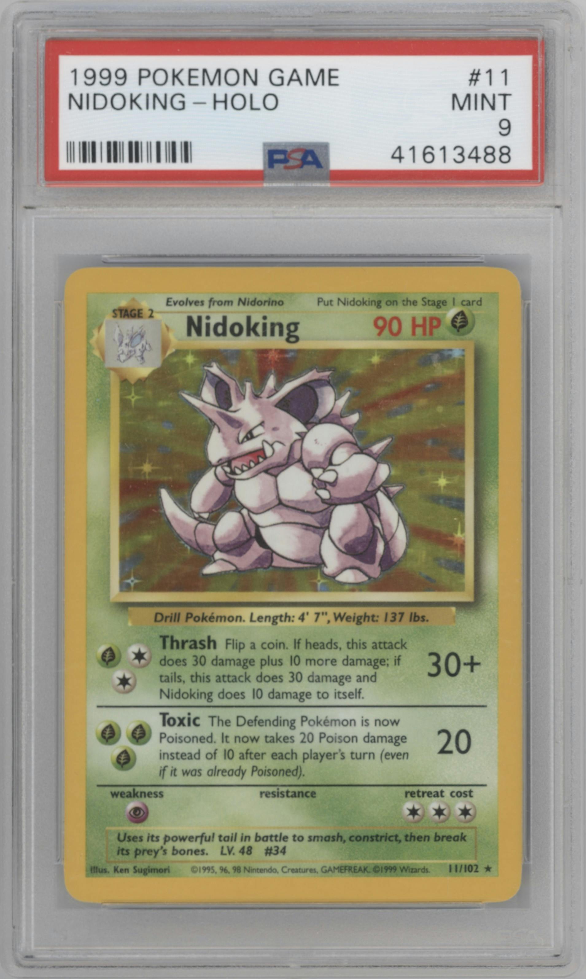 Nidoking from the 1999 Pokemon set graded by PSA and given an overall grade of 9.