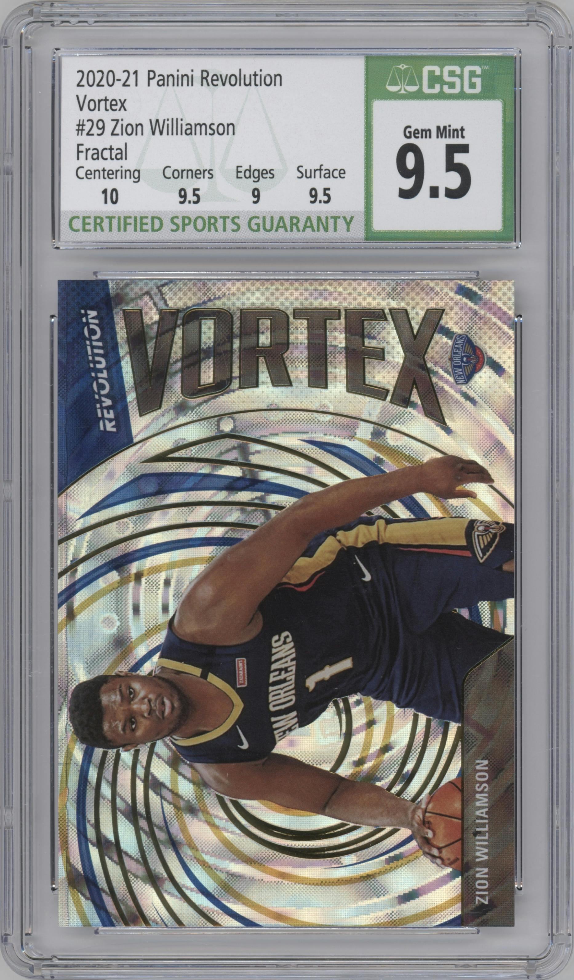 Zion Williamson from the 2020-21 Panini Revolution set featuring a Fractal parallel graded by CSG and given an overall grade of 9.5.