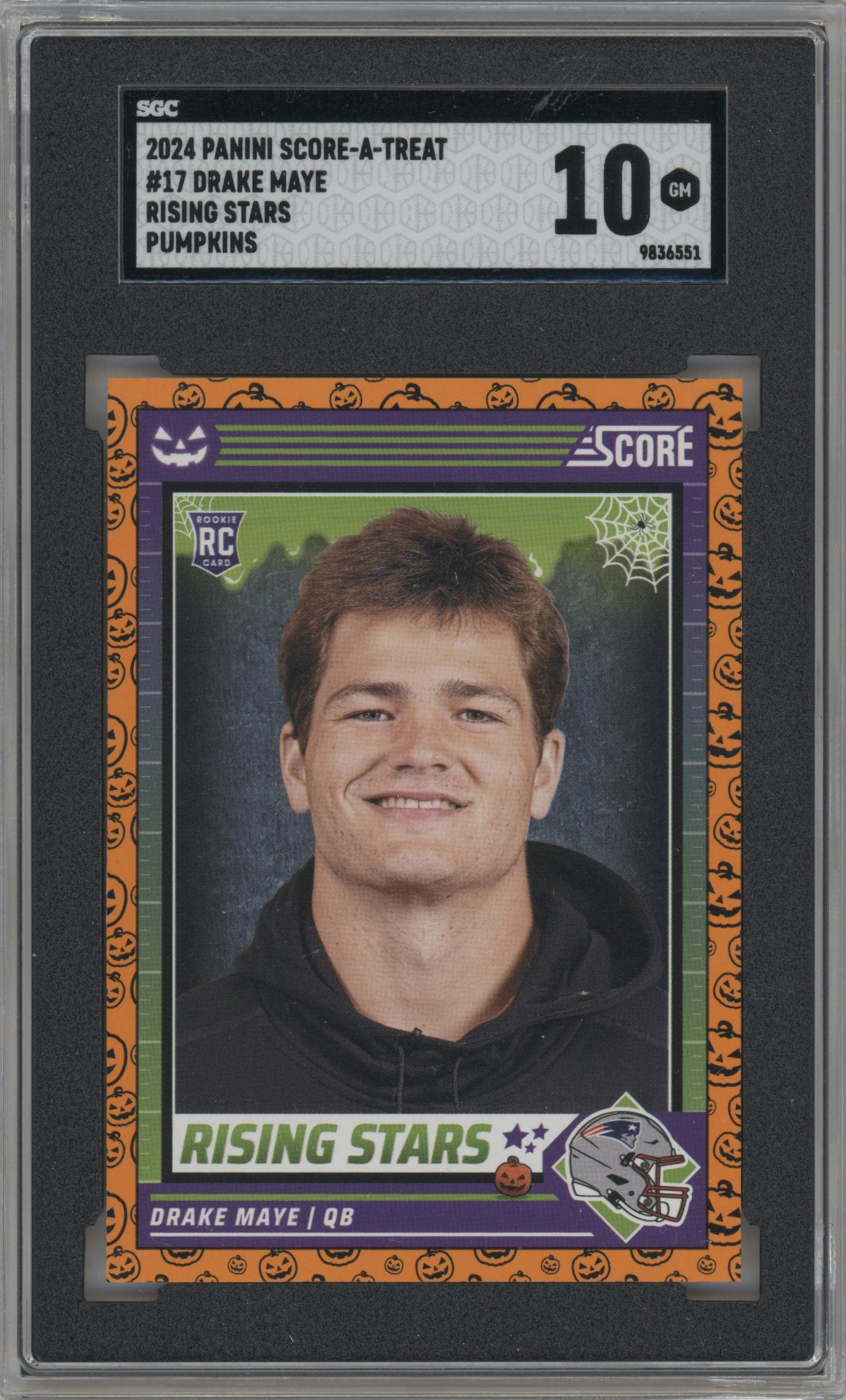 Drake Maye from the 2024 Score-a-Treat set featuring a Pumpkin parallel graded by SGC and given an overall grade of 10.