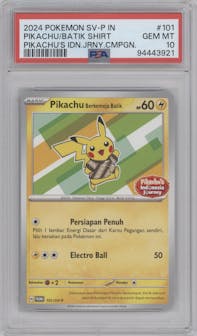 Pikachu Batik Shirt from the 2024 Pokemon SV IDN set featuring a Pikachu's Indonesia Journey parallel graded by PSA and given an overall grade of 10.