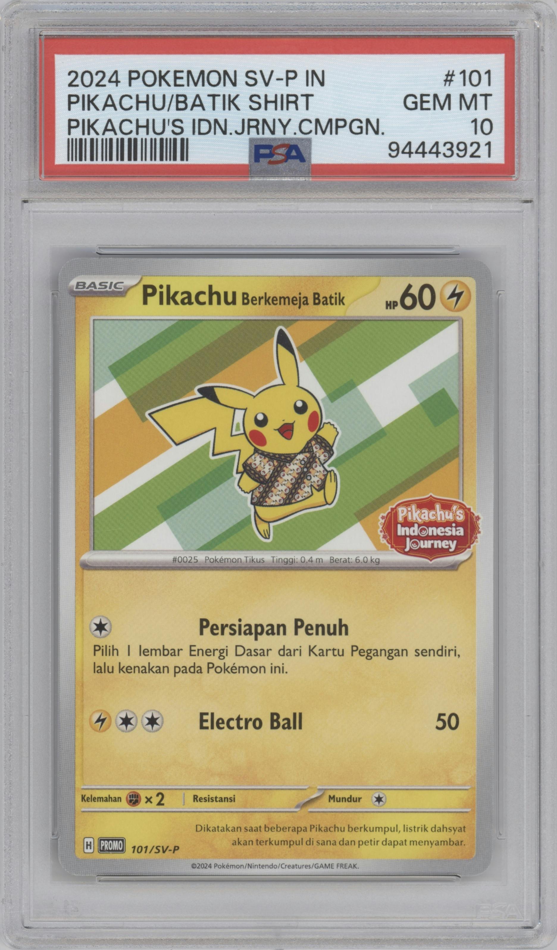 Pikachu Batik Shirt from the 2024 Pokemon SV IDN set featuring a Pikachu's Indonesia Journey parallel graded by PSA and given an overall grade of 10.