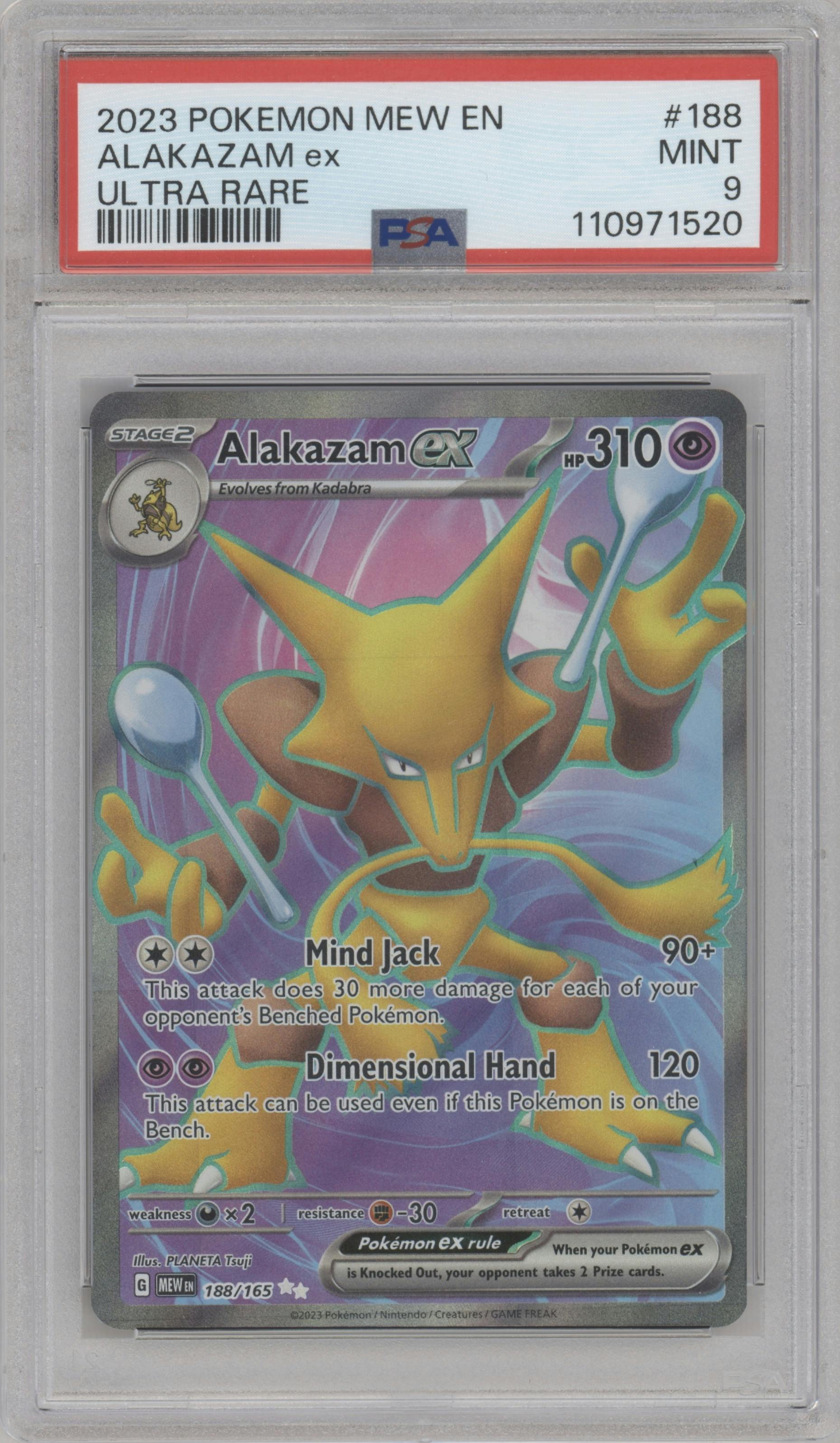Alakazam EX from the 2023 Pokemon SV set graded by PSA and given an overall grade of 9.