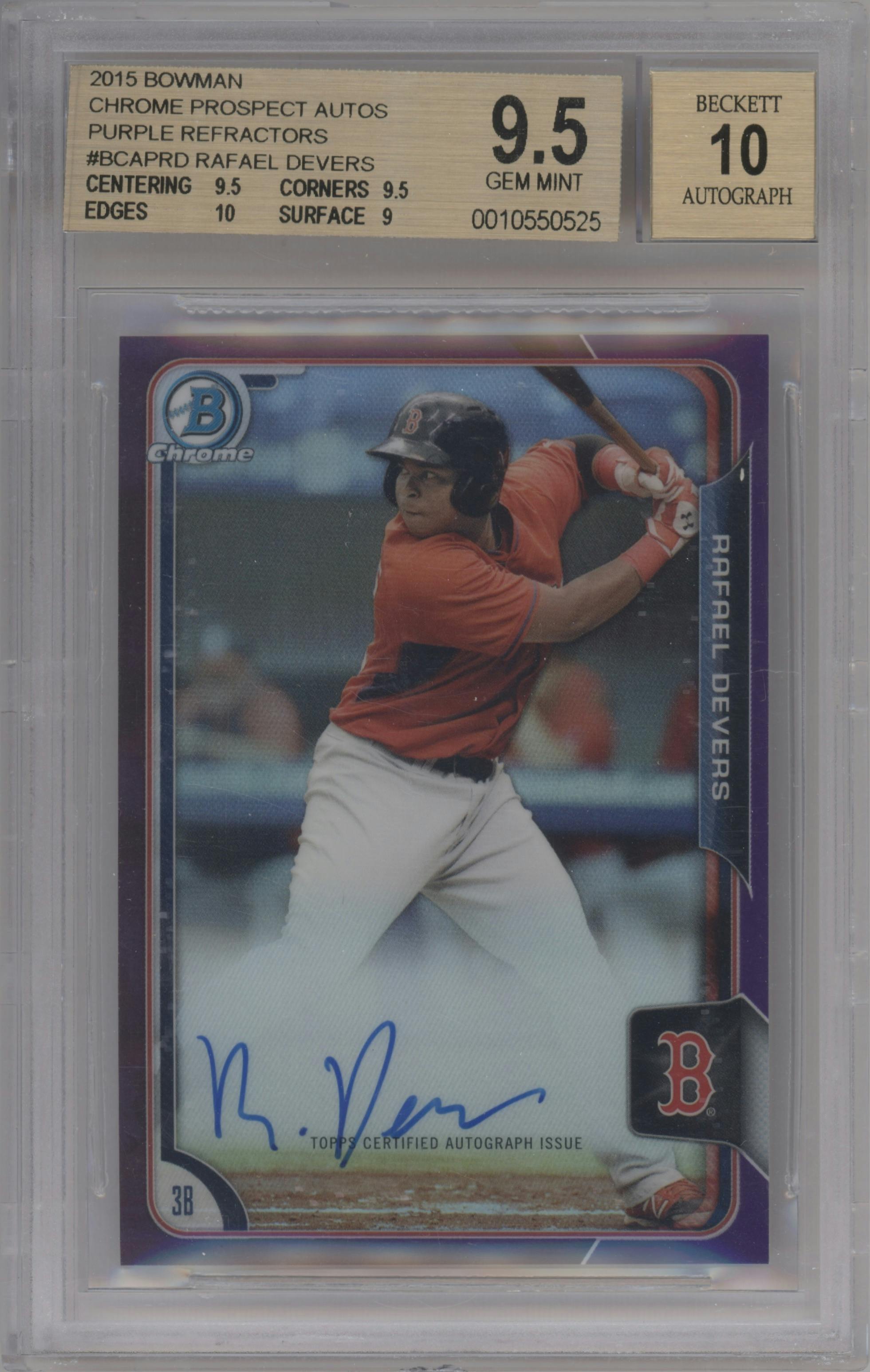 Rafael Devers from the 2015 Bowman set featuring a Purple Refractor parallel graded by Beckett and given an overall grade of 9.5.