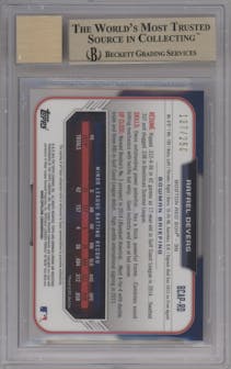 Rafael Devers from the 2015 Bowman set featuring a Purple Refractor parallel graded by Beckett and given an overall grade of 9.5.