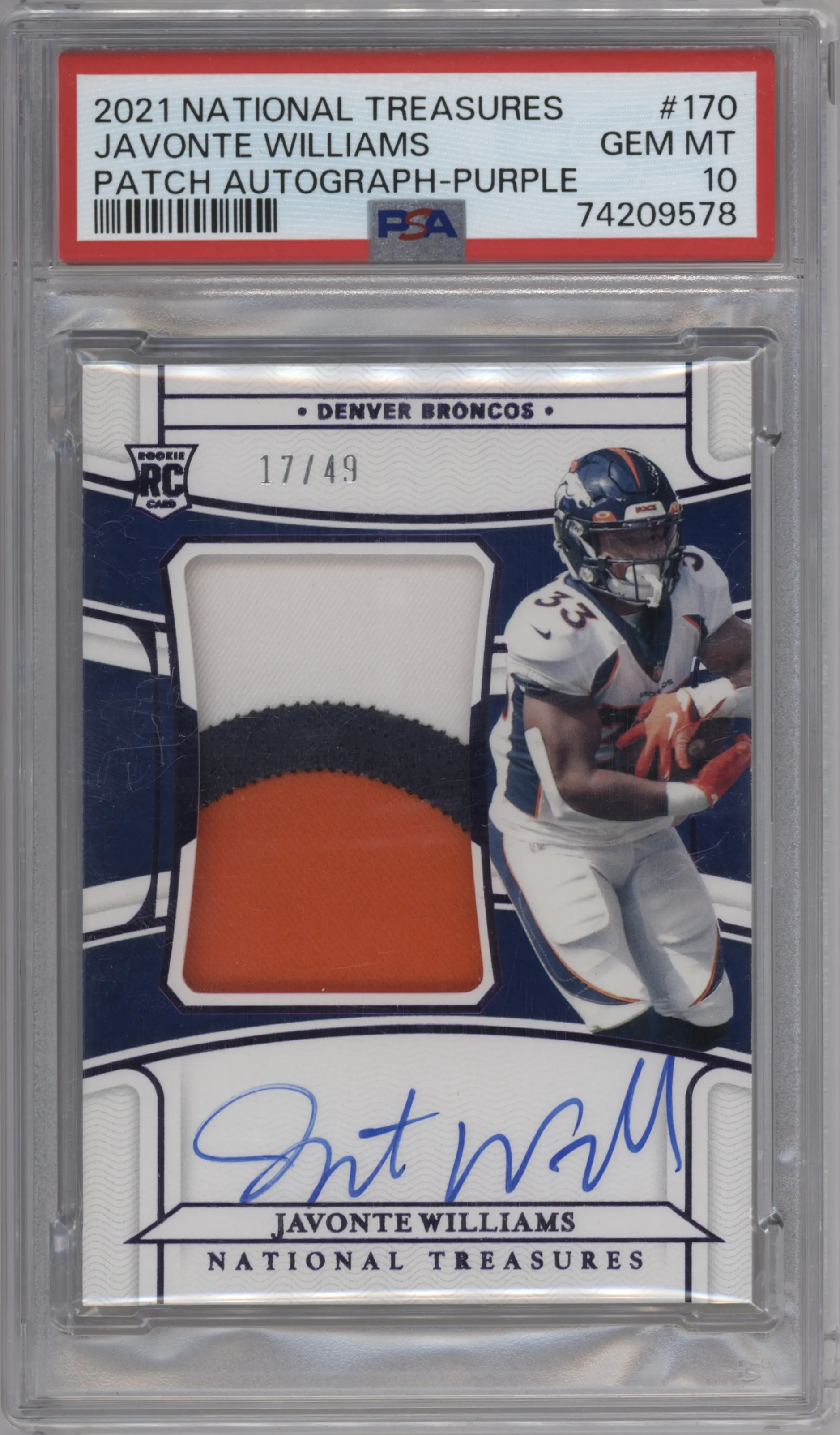 2021 Panini National Treasures RPA Javonte Williams Purple PSA 10