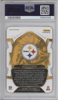 Kenny Pickett from the 2022 Panini Select set featuring a Die-Cut Green/Yellow parallel graded by PSA and given an overall grade of 9.