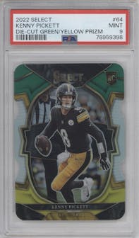 Kenny Pickett from the 2022 Panini Select set featuring a Die-Cut Green/Yellow parallel graded by PSA and given an overall grade of 9.