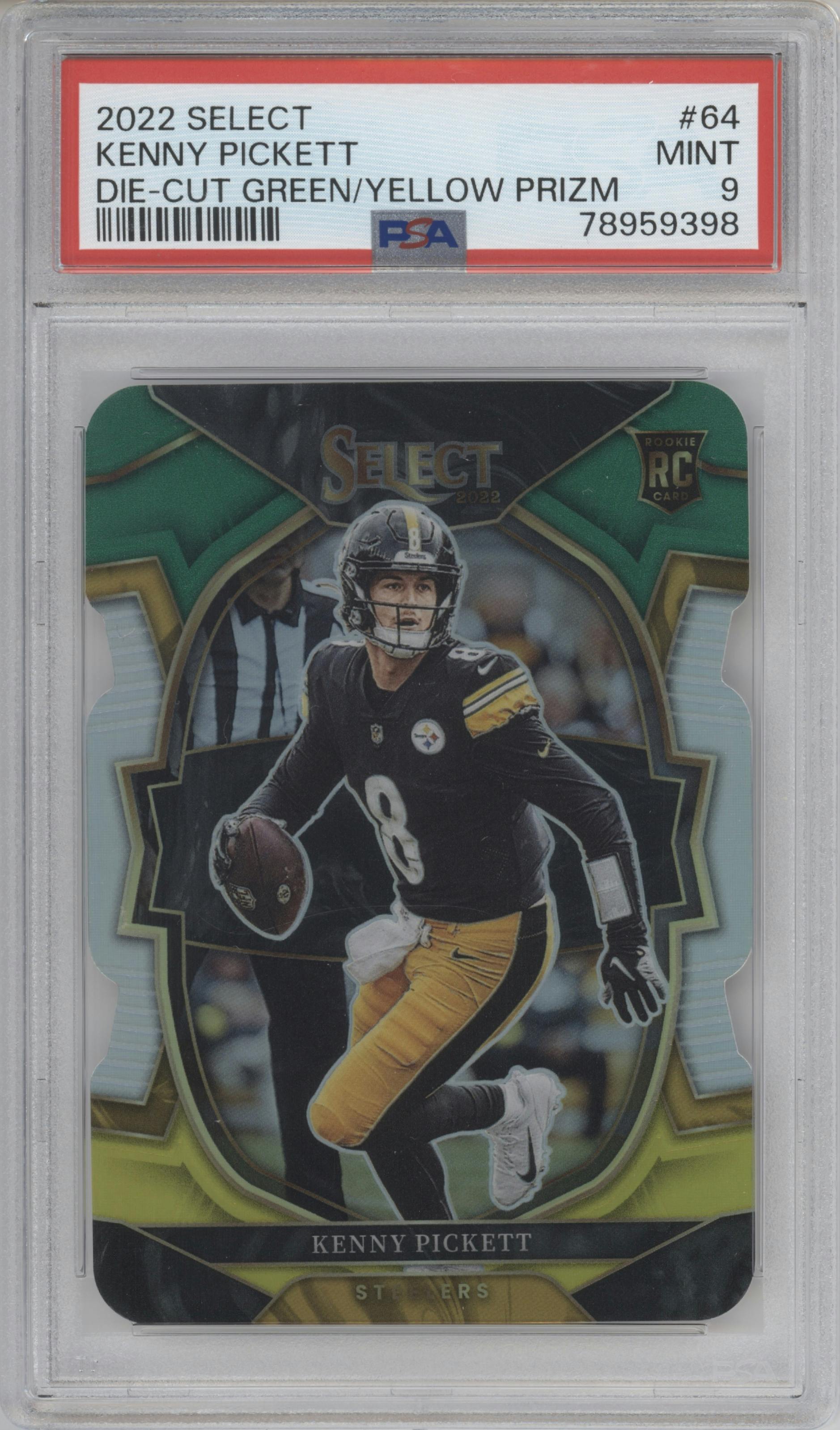 Kenny Pickett from the 2022 Panini Select set featuring a Die-Cut Green/Yellow parallel graded by PSA and given an overall grade of 9.