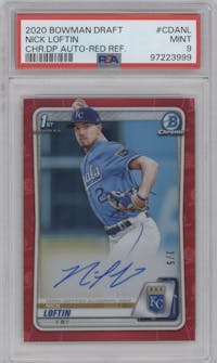 Nick Loftin from the 2020 Bowman Draft set featuring a Red Refractor  parallel graded by PSA and given an overall grade of 9.