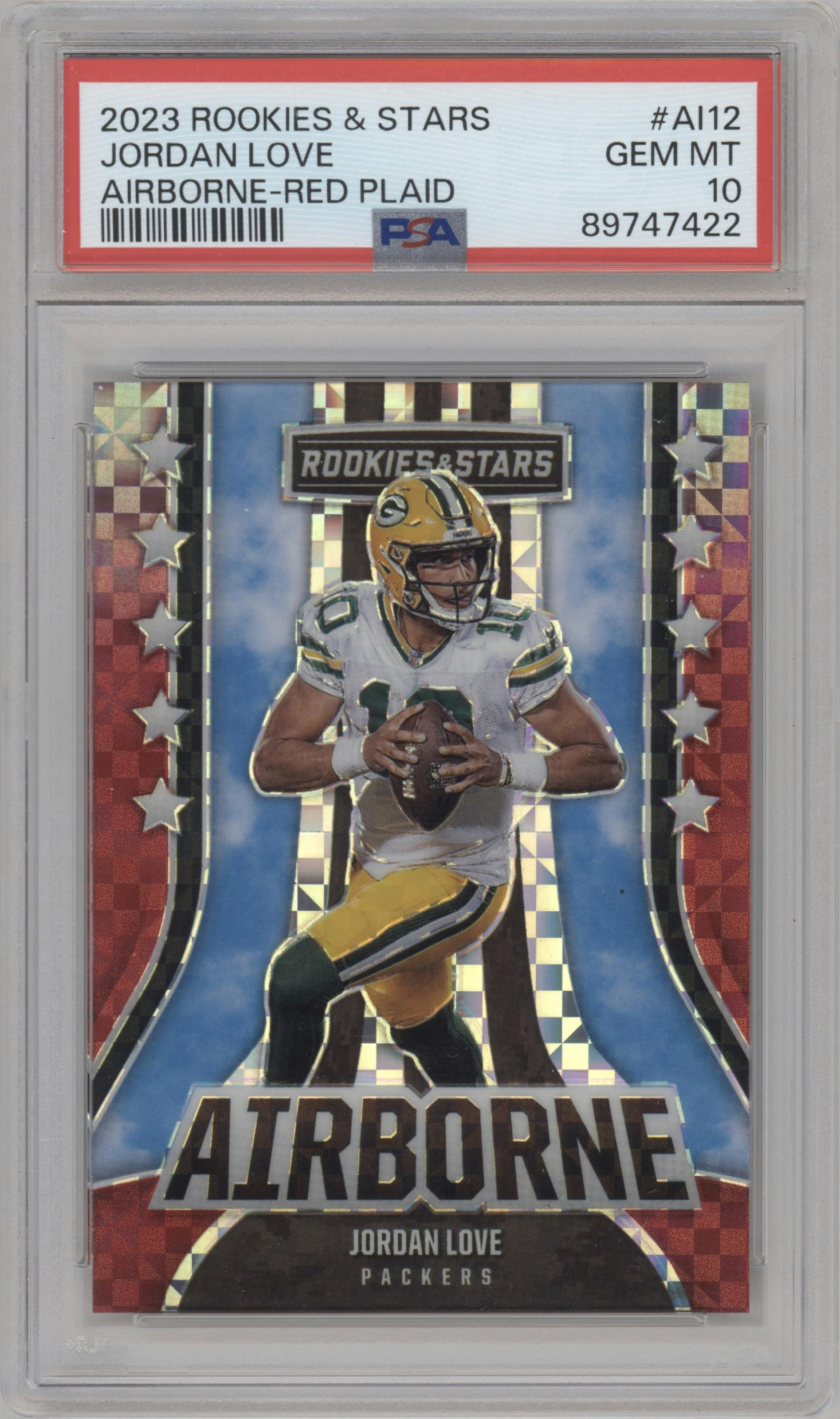 Jordan Love from the 2023 Panini Rookies & Stars set featuring a Red Plaid parallel graded by PSA and given an overall grade of 10.