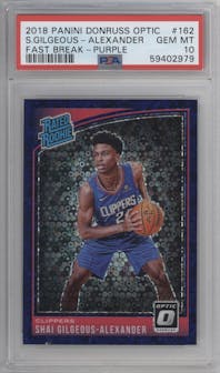 Shai Gilgeous-Alexander from the 2018-19 Panini Donruss Optic set featuring a Fast Break Purple parallel graded by PSA and given an overall grade of 10.