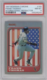 Frank Thomas from the 1997 Bowman Chrome set featuring a International Refractor parallel graded by PSA and given an overall grade of 8.