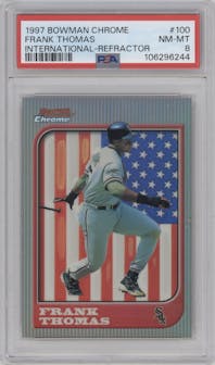 Frank Thomas from the 1997 Bowman Chrome set featuring a International Refractor parallel graded by PSA and given an overall grade of 8.