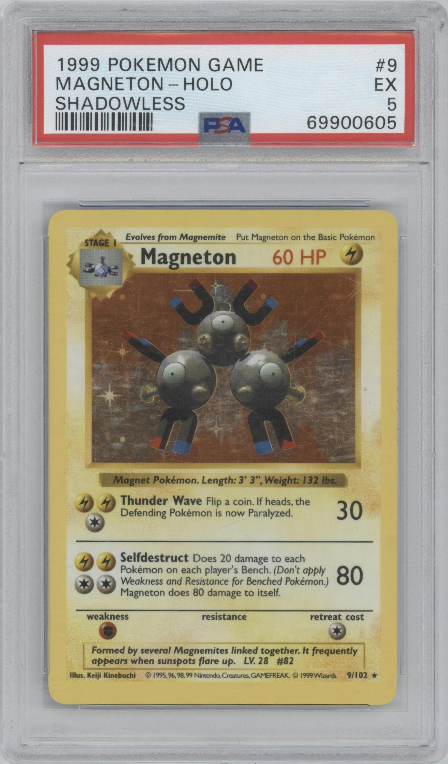 Magneton from the 1999 Pokemon set graded by PSA and given an overall grade of 5.