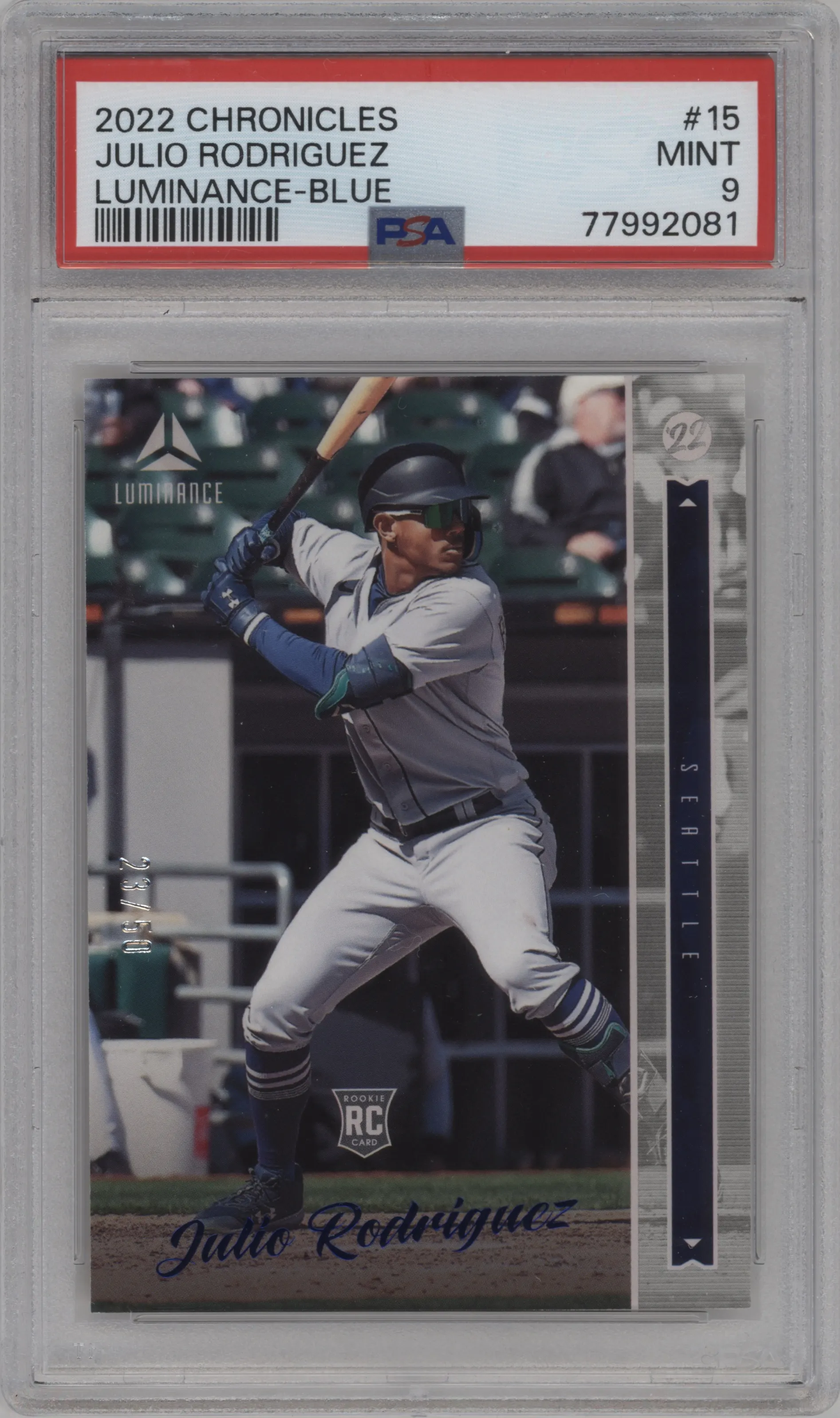 2022 Panini Chronicles Luminance Julio Rodriguez Blue PSA 9