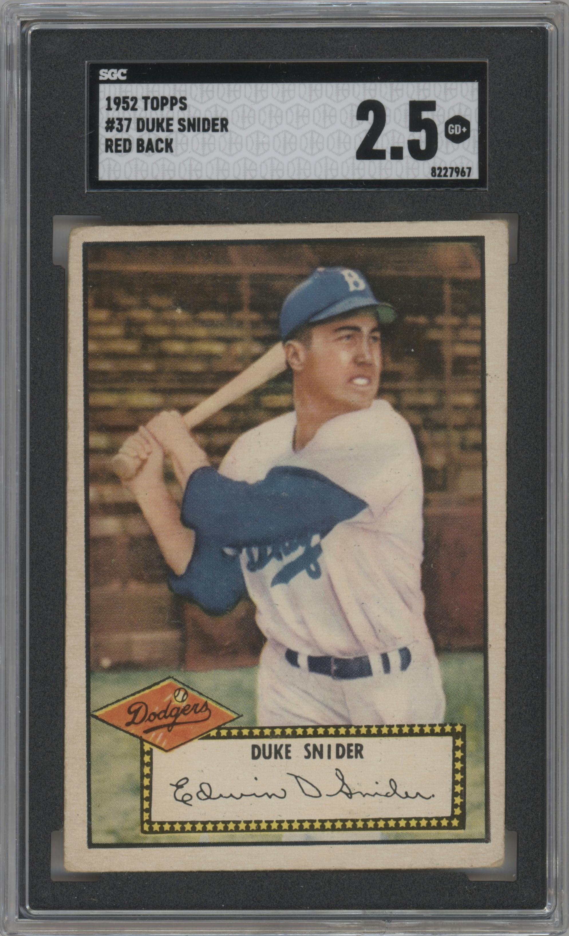 Duke Snider from the 1952 Topps set featuring a Red Back parallel graded by SGC and given an overall grade of 2.5.