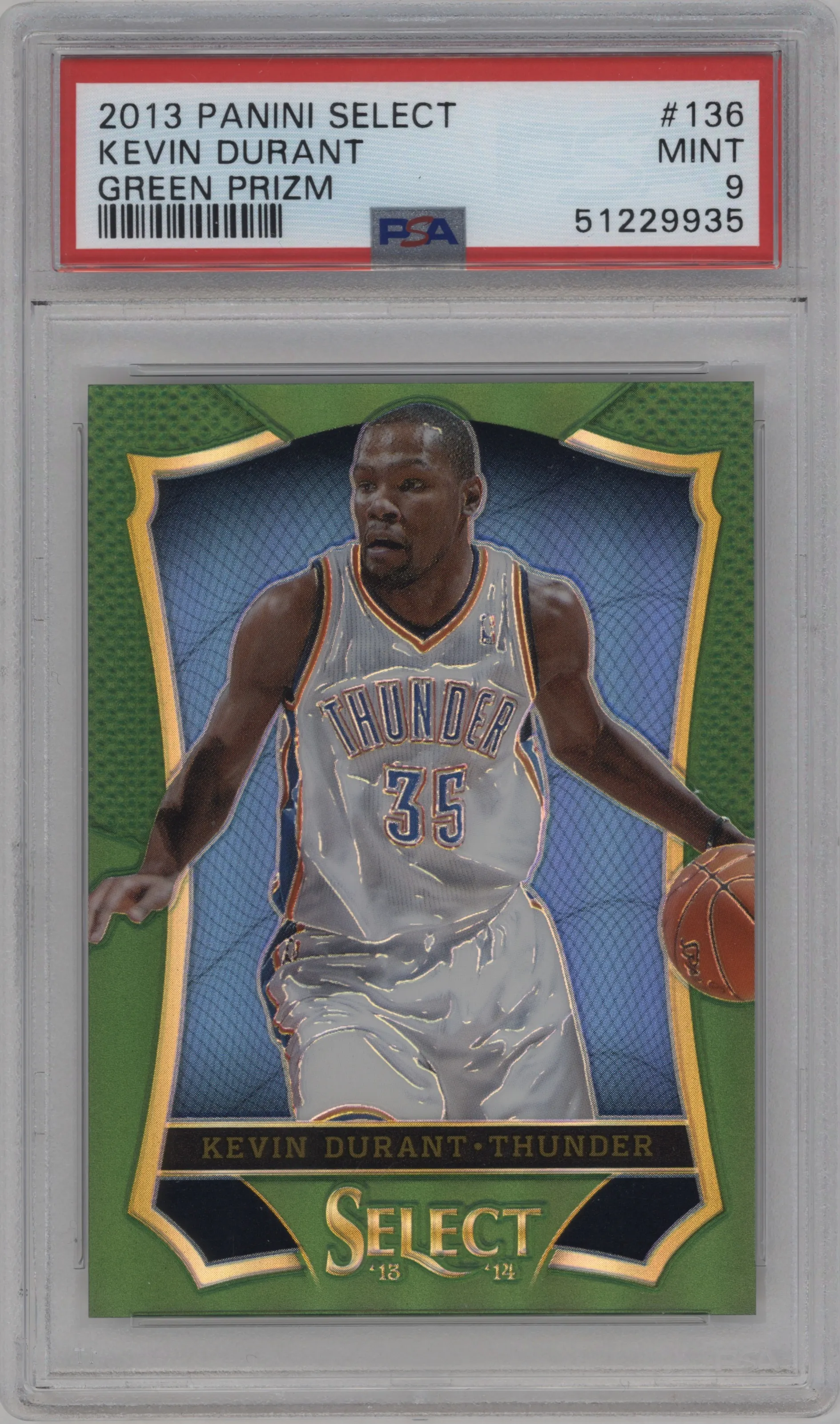 Kevin Durant from the 2013-14 Panini Select set featuring a Green Prizm parallel graded by PSA and given an overall grade of 9.