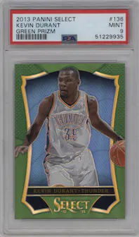 Kevin Durant from the 2013-14 Panini Select set featuring a Green Prizm parallel graded by PSA and given an overall grade of 9.