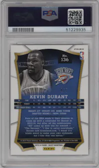 Kevin Durant from the 2013-14 Panini Select set featuring a Green Prizm parallel graded by PSA and given an overall grade of 9.