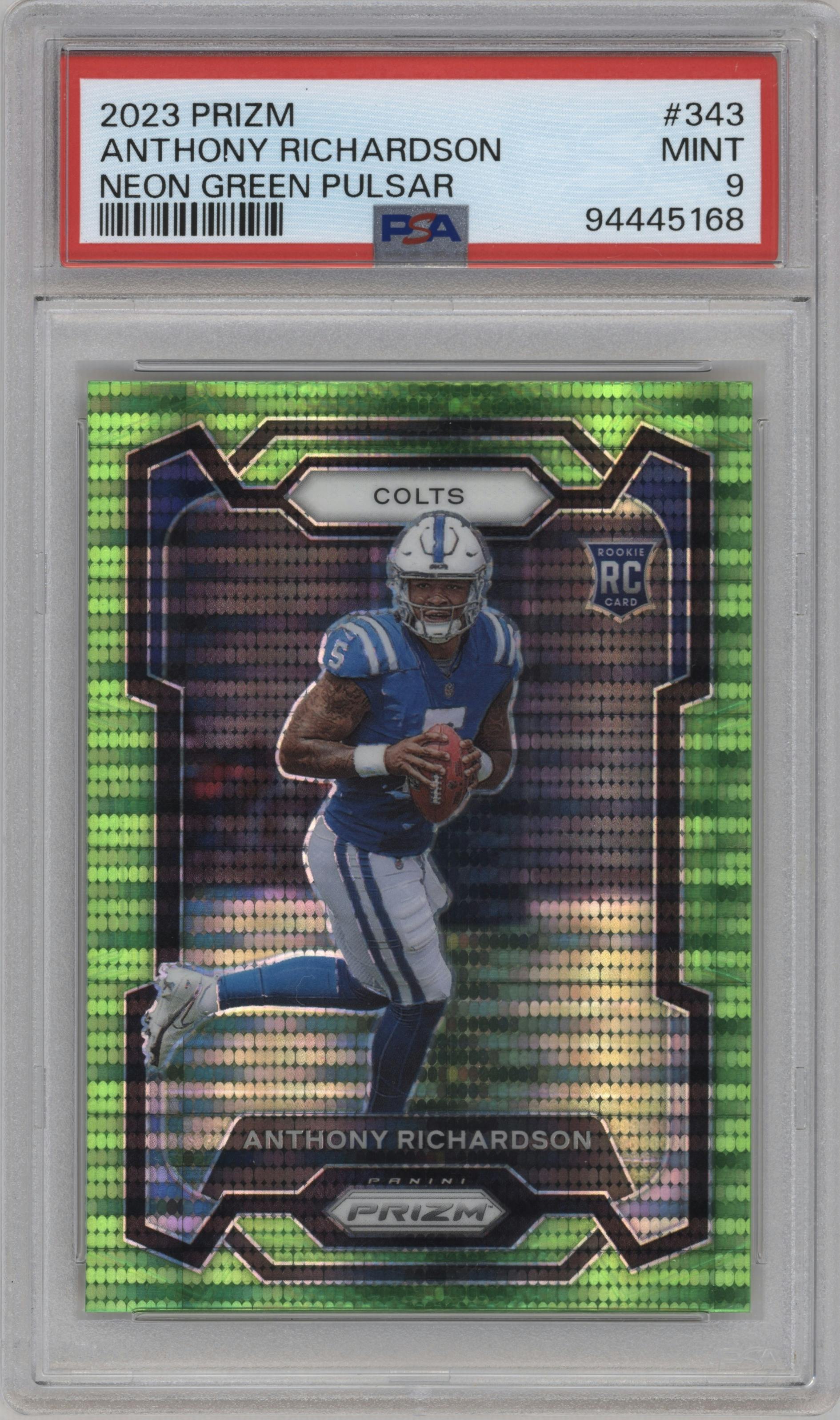Anthony Richardson from the 2023 Panini Prizm set featuring a Neon Green Pulsar parallel graded by PSA and given an overall grade of 9.