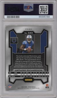 Anthony Richardson from the 2023 Panini Prizm set featuring a Neon Green Pulsar parallel graded by PSA and given an overall grade of 9.