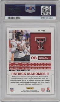 Patrick Mahomes II from the 2017 Panini Score set graded by PSA and given an overall grade of 10.