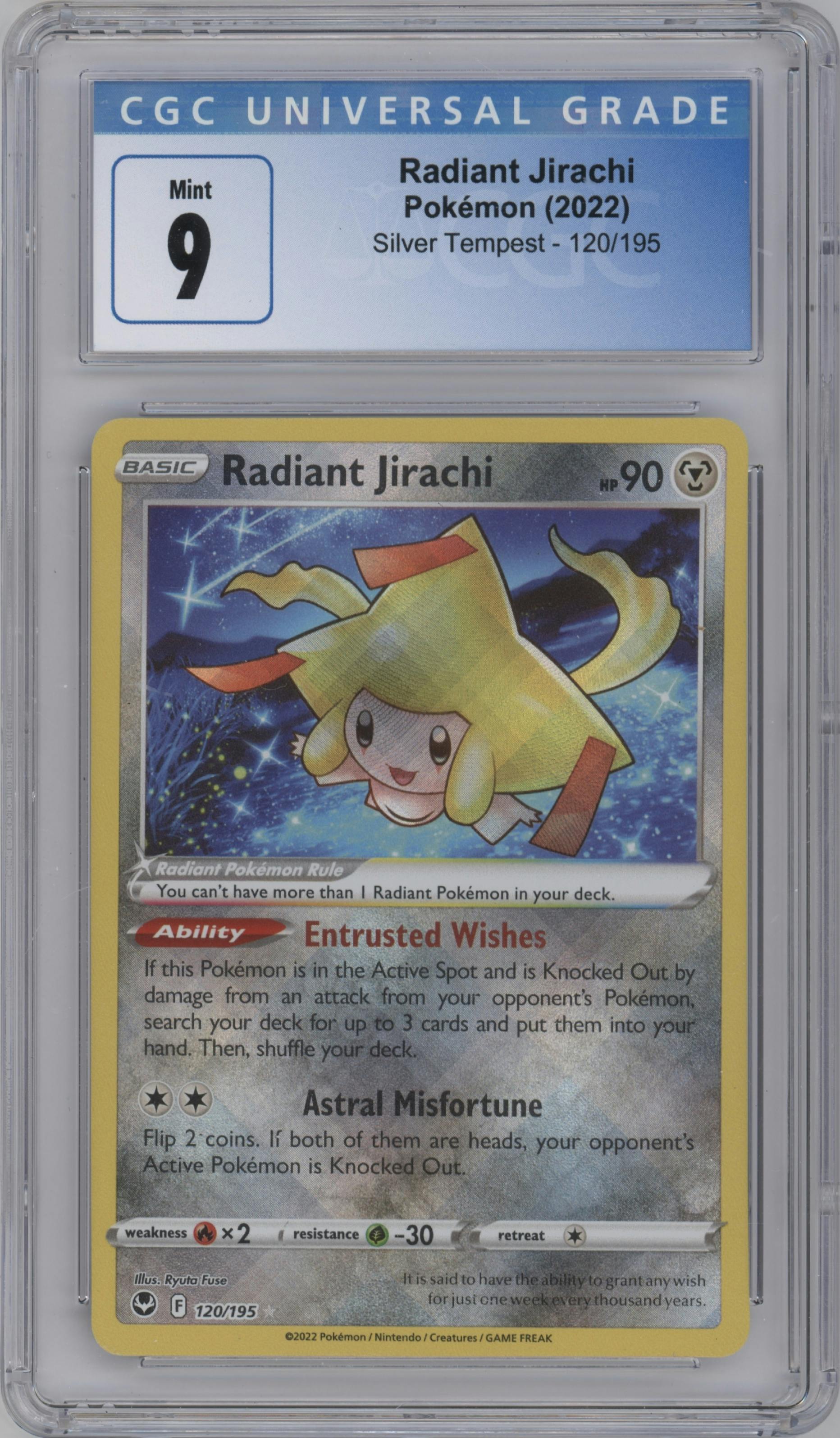 Radiant Jirachi from the 2022 Pokemon SWSH set graded by CSG and given an overall grade of 9.