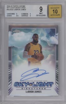 LeBron James from the 2024-25 Topps Chrome set graded by Beckett and given an overall grade of 9.