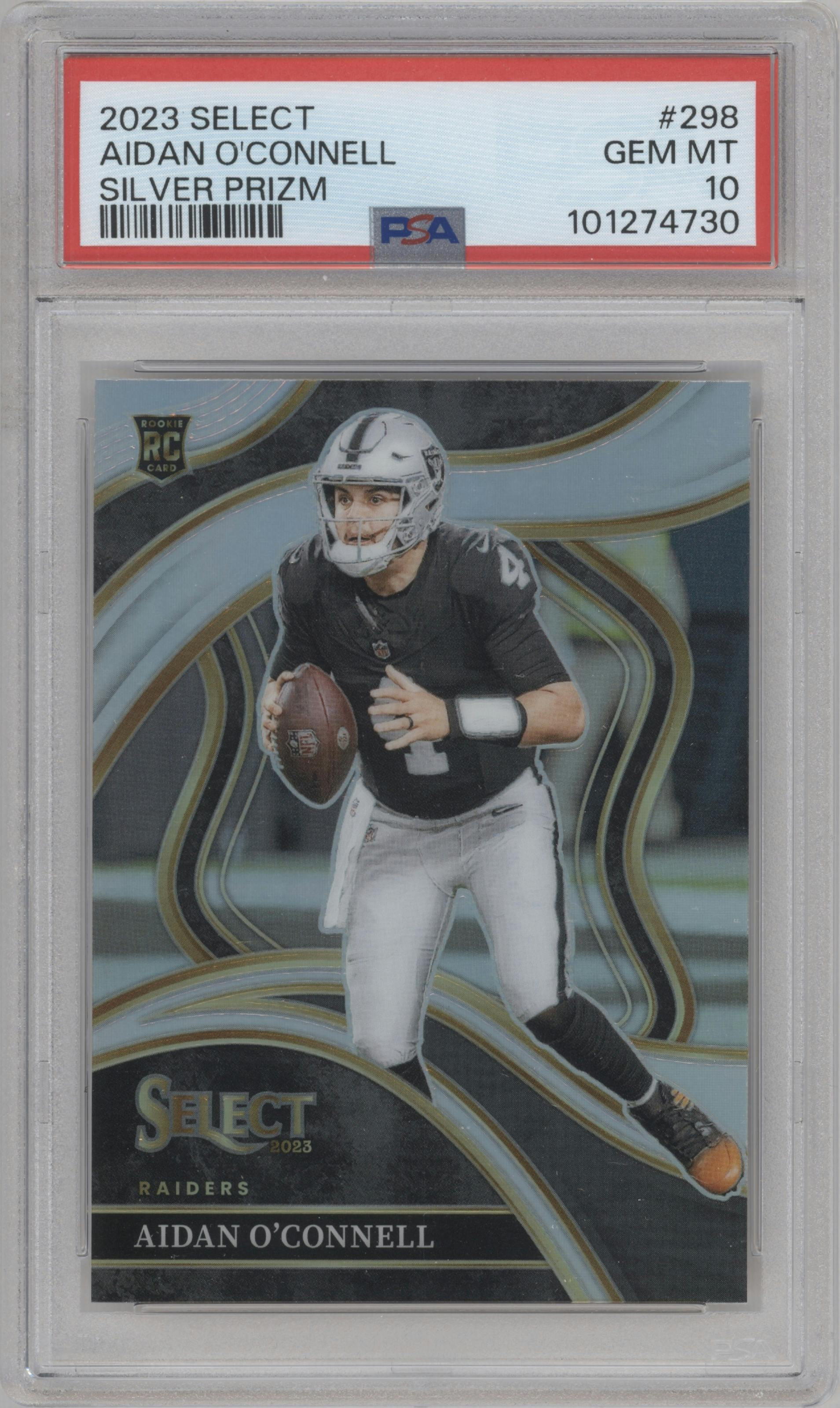 Aidan O'Connell from the 2023 Panini Select set featuring a Silver Prizm parallel graded by PSA and given an overall grade of 10.