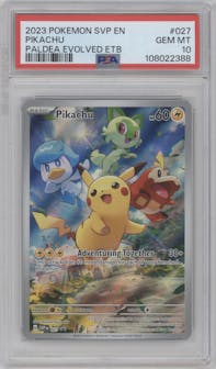Pikachu from the 2023 Pokemon SV set featuring a Scarlet & Violet - Paldea Evolved Elite Trainer Box parallel graded by PSA and given an overall grade of 10.