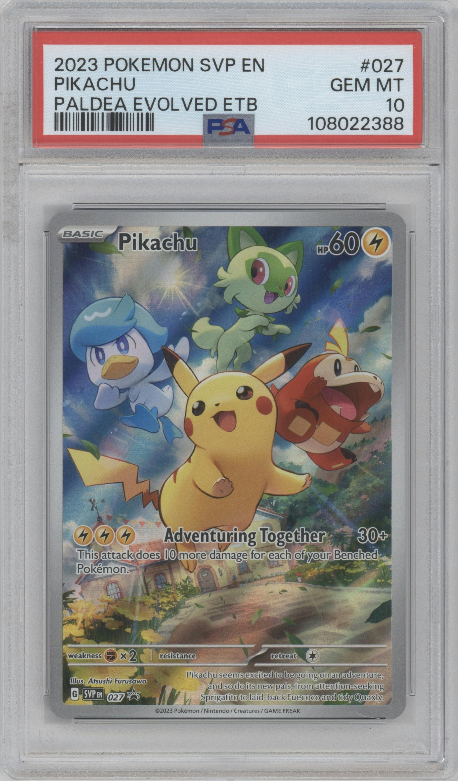 Pikachu from the 2023 Pokemon SV set featuring a Scarlet & Violet - Paldea Evolved Elite Trainer Box parallel graded by PSA and given an overall grade of 10.