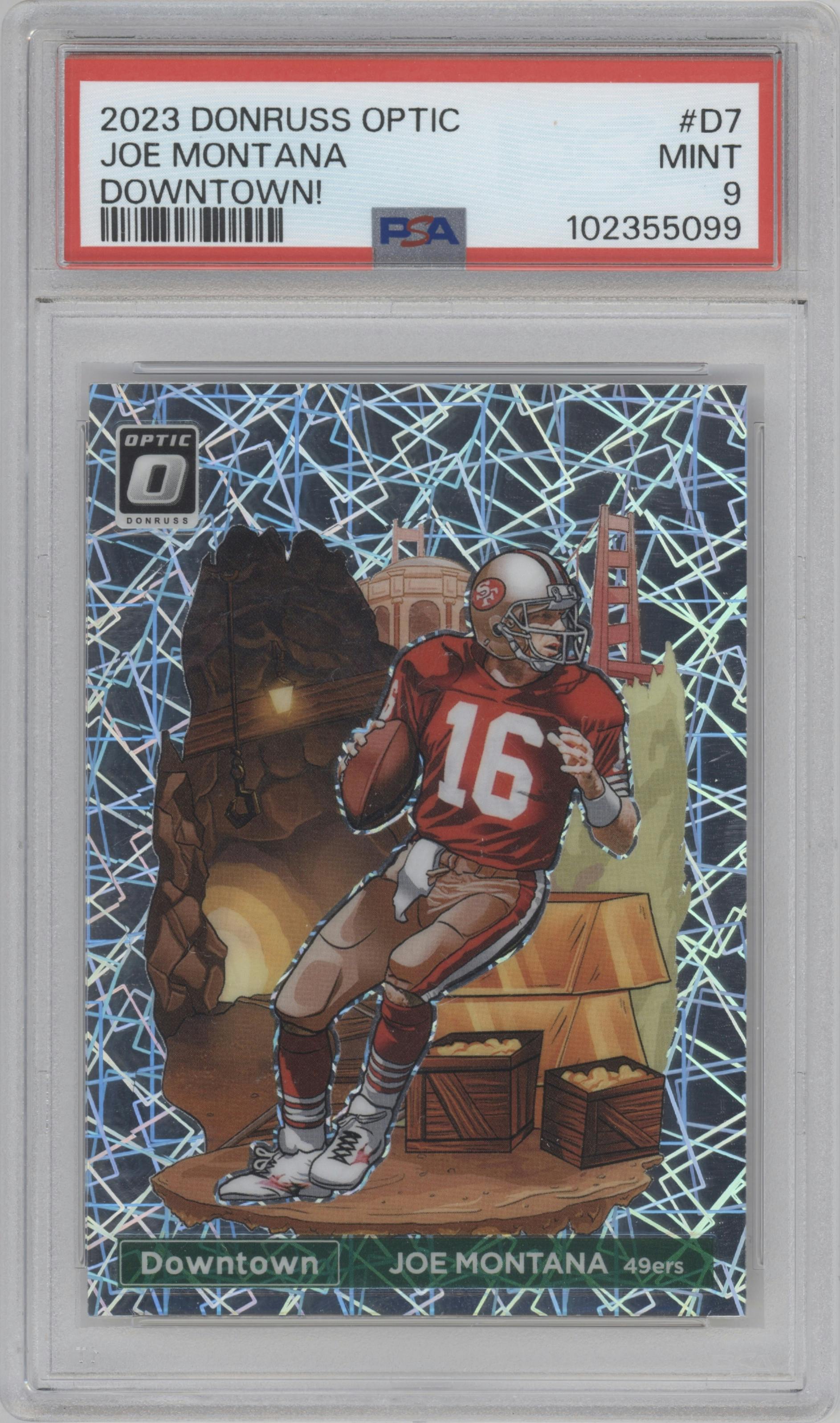 Joe Montana from the 2023 Donruss Optic set graded by PSA and given an overall grade of 9.