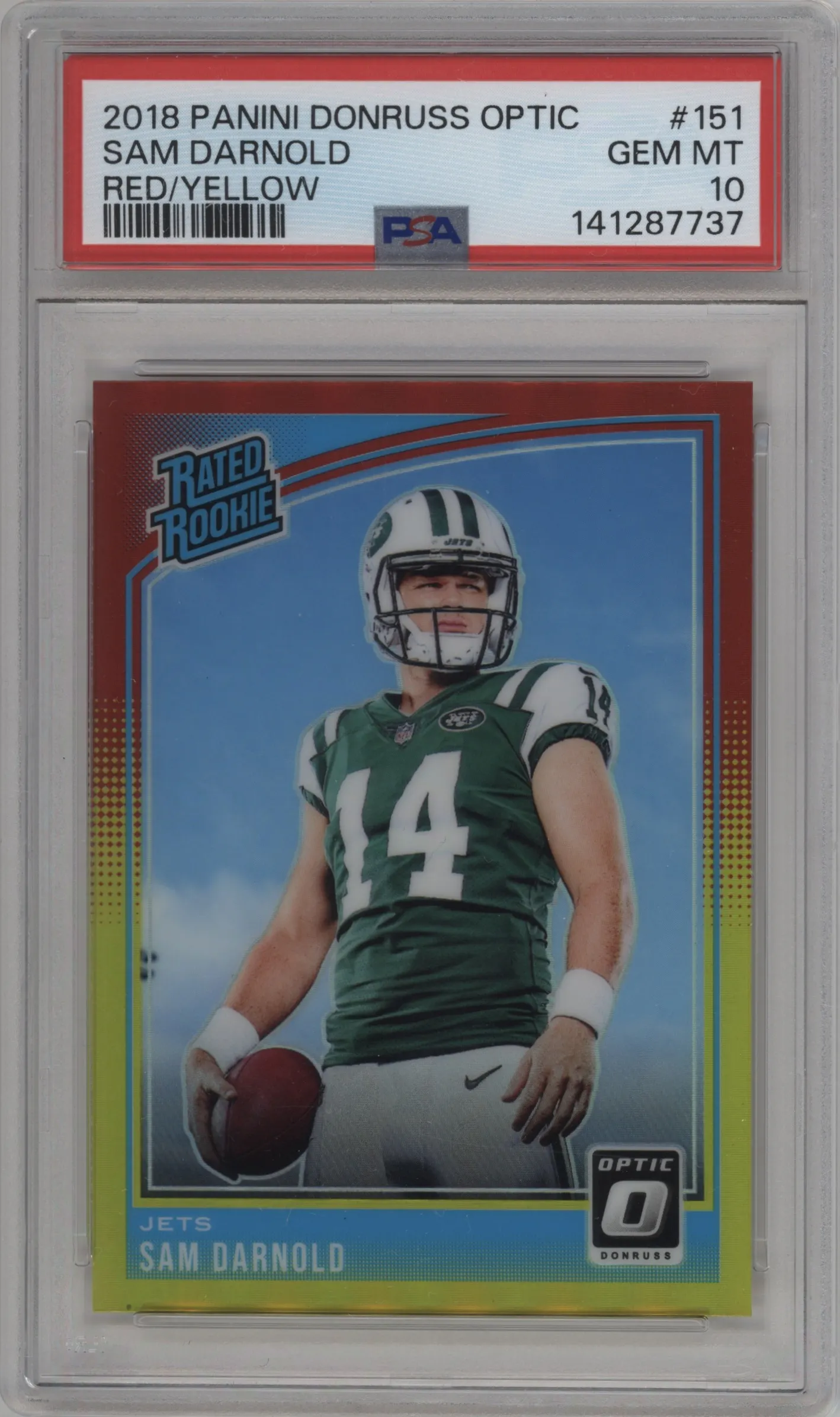 2018 Panini Donruss Optic Rated Rookie Sam Darnold Red/Yellow PSA 10