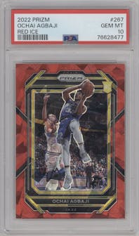 Ochai Agbaji  from the 2022-23 Panini Prizm  set featuring a Red Ice parallel graded by PSA and given an overall grade of 10.