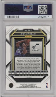 Ochai Agbaji  from the 2022-23 Panini Prizm  set featuring a Red Ice parallel graded by PSA and given an overall grade of 10.