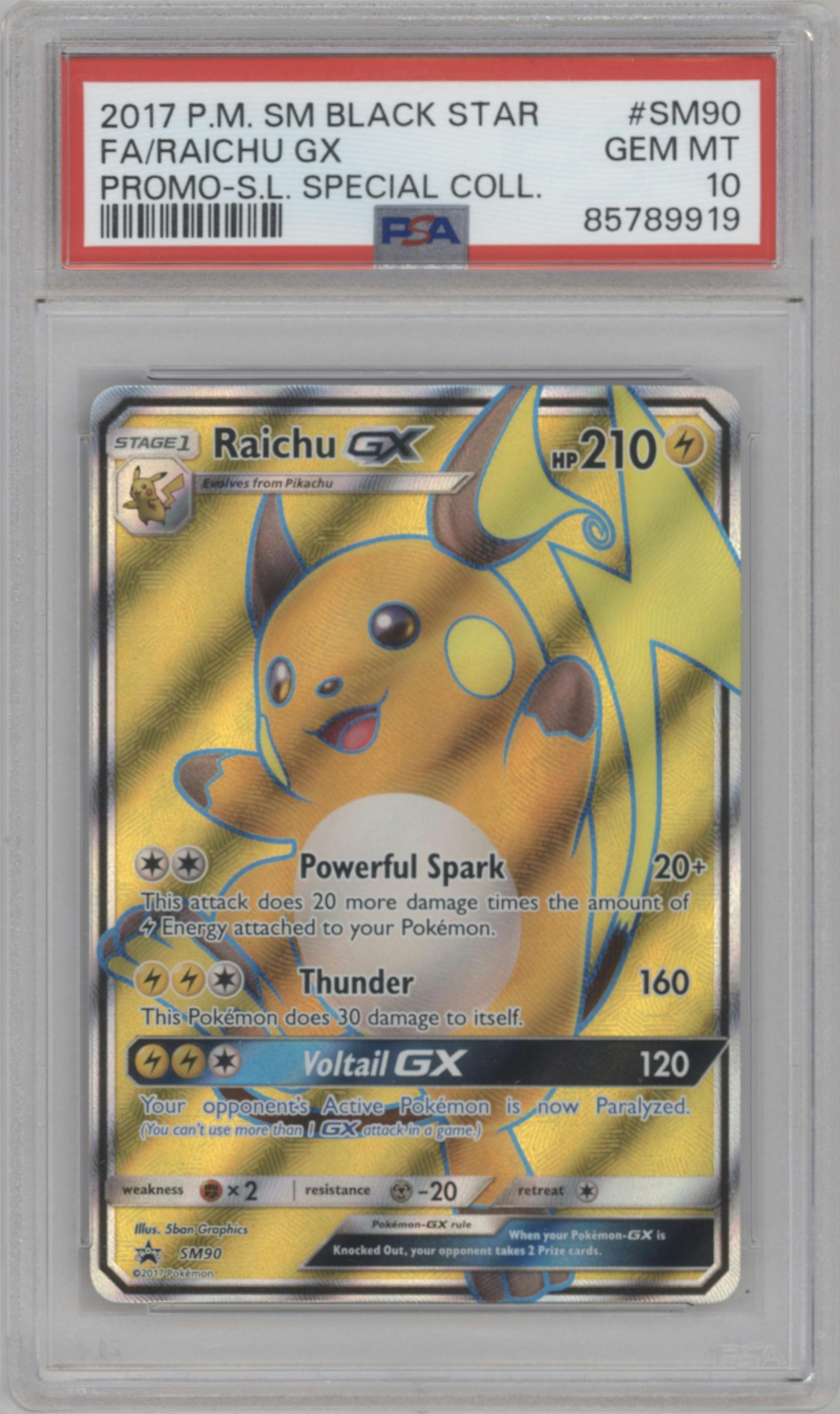 Raichu GX from the 2017 Pokemon S&M set featuring a Shining Legends Raichu GX Box parallel graded by PSA and given an overall grade of 10.