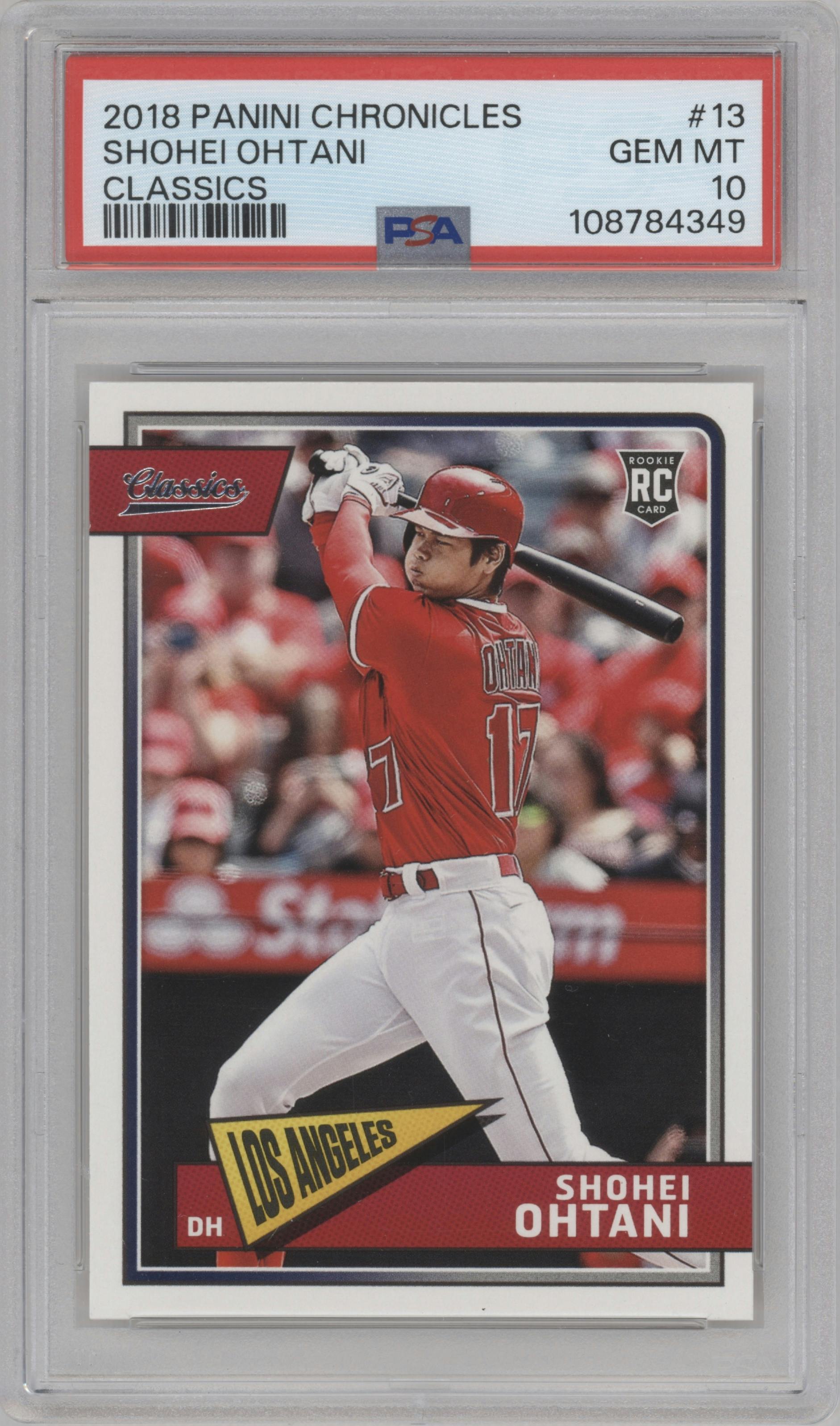 Shohei Ohtani from the 2018 Panini Chronicles set graded by PSA and given an overall grade of 10.