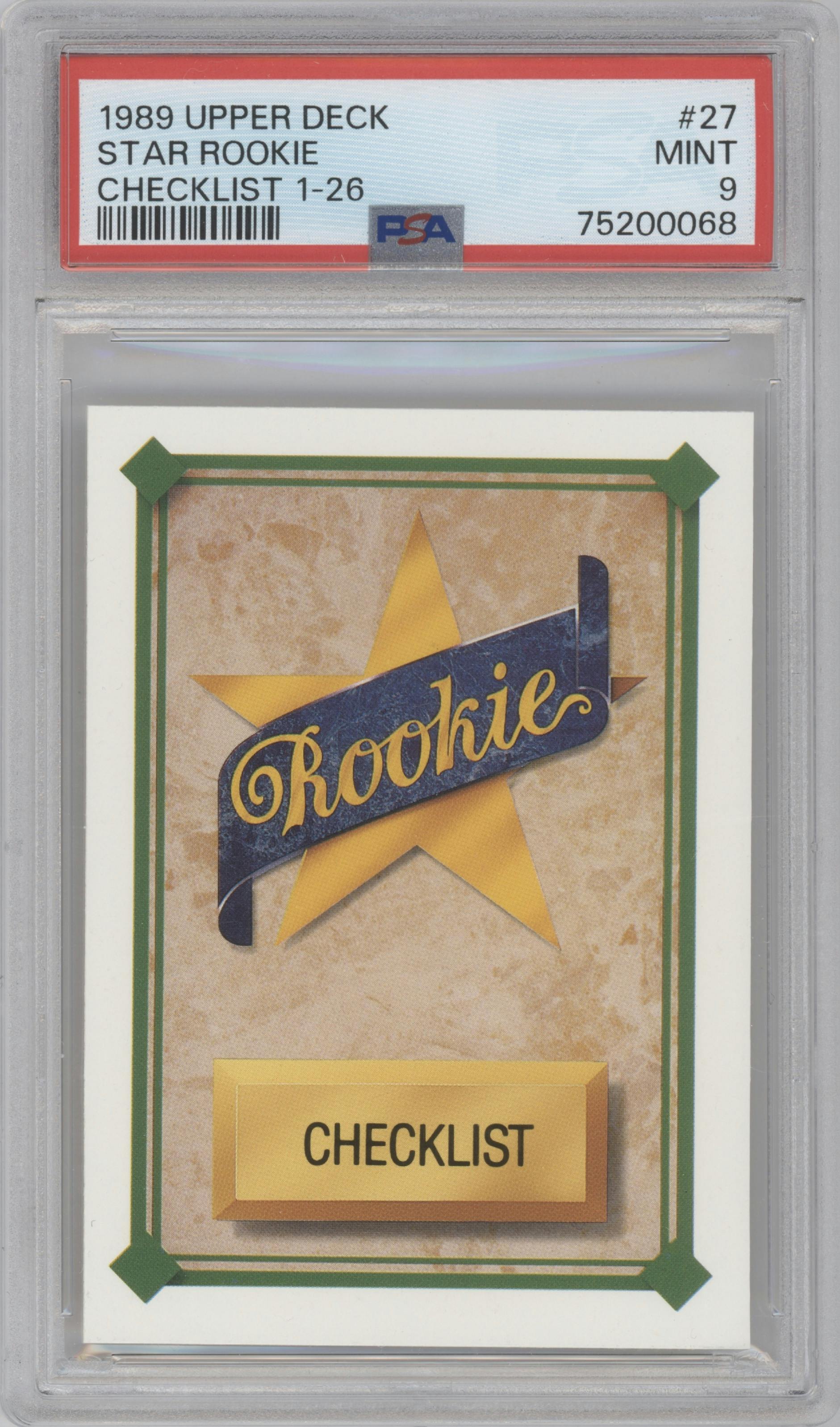 Star Rookies Checklist from the 1989 Upper Deck set graded by PSA and given an overall grade of 9.