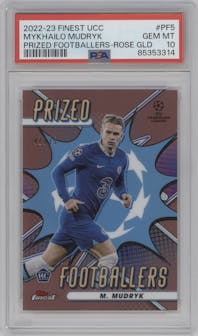 Mykhailo Mudryk from the 2022-23 Finest UEFA Club Competitions set featuring a Rose Gold Refractor parallel graded by PSA and given an overall grade of 10.