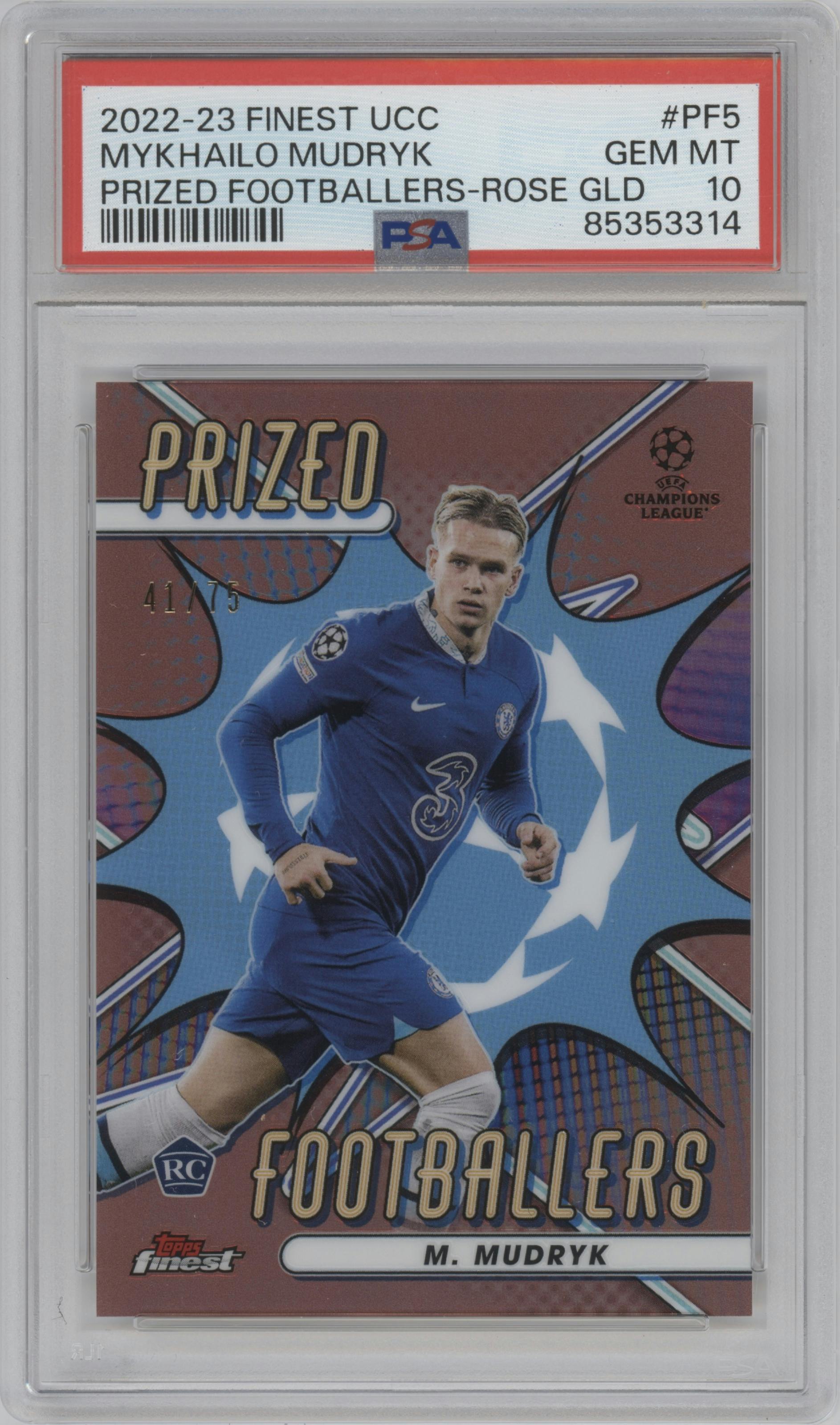 Mykhailo Mudryk from the 2022-23 Finest UEFA Club Competitions set featuring a Rose Gold Refractor parallel graded by PSA and given an overall grade of 10.