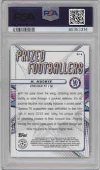 Mykhailo Mudryk from the 2022-23 Finest UEFA Club Competitions set featuring a Rose Gold Refractor parallel graded by PSA and given an overall grade of 10.