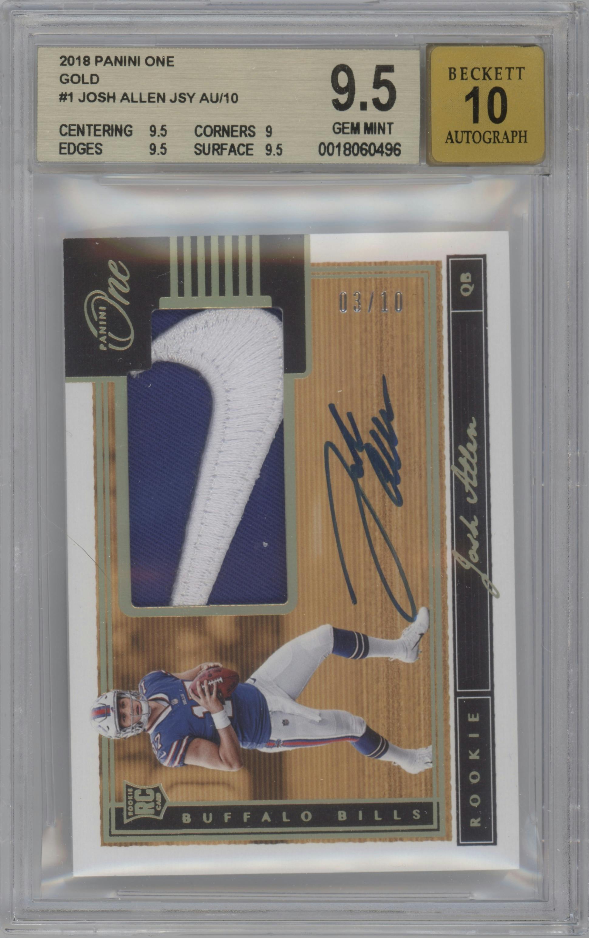 Josh Allen from the 2018 Panini One set featuring a Gold parallel graded by Beckett and given an overall grade of 9.5.
