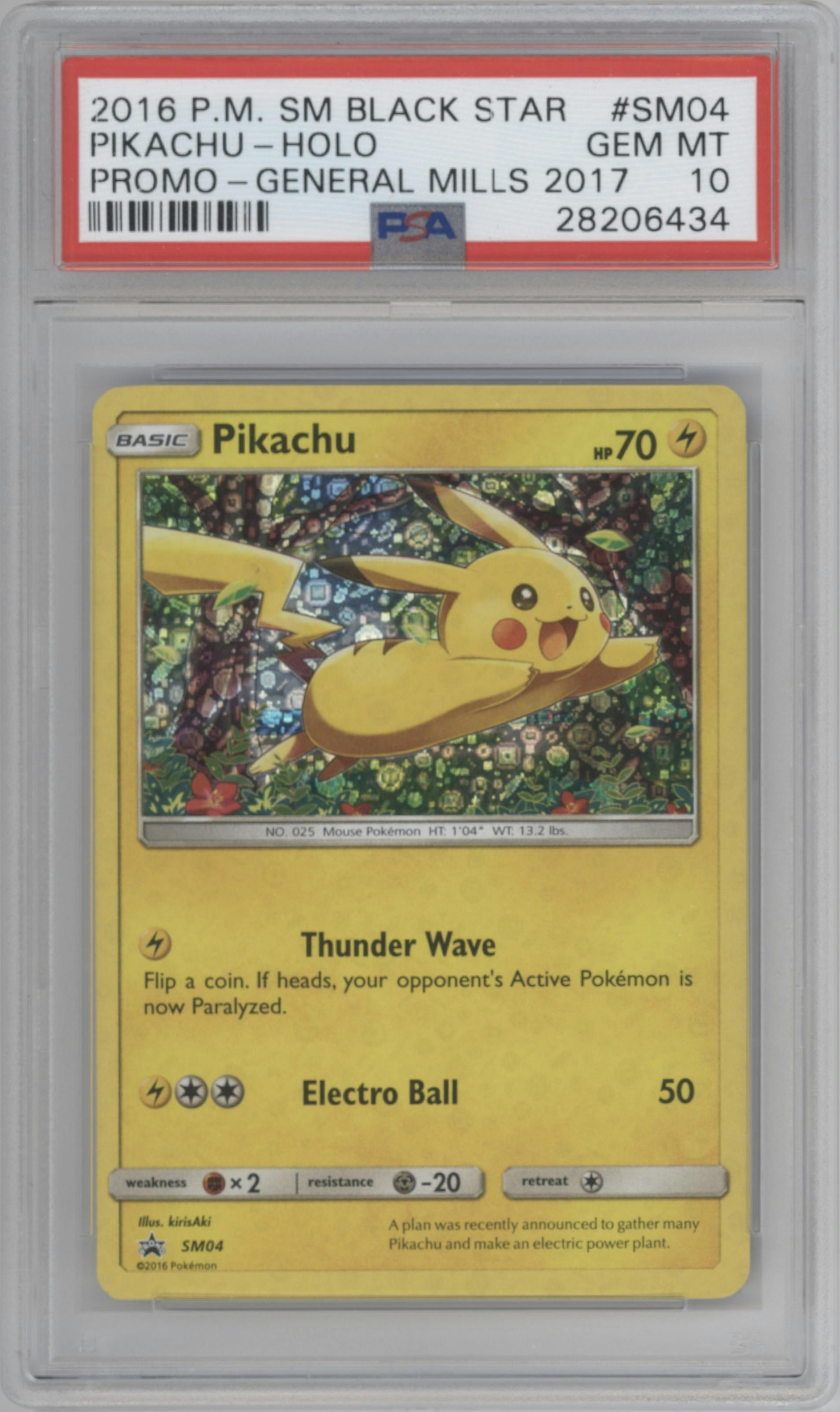 Pikachu from the 2016 Pokemon S&M  set featuring a General Mills 2017 parallel graded by PSA and given an overall grade of 10.