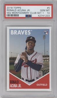 Ronald Acuna Jr. from the 2018-19 Topps 582 Montgomery Club set graded by PSA and given an overall grade of 10.