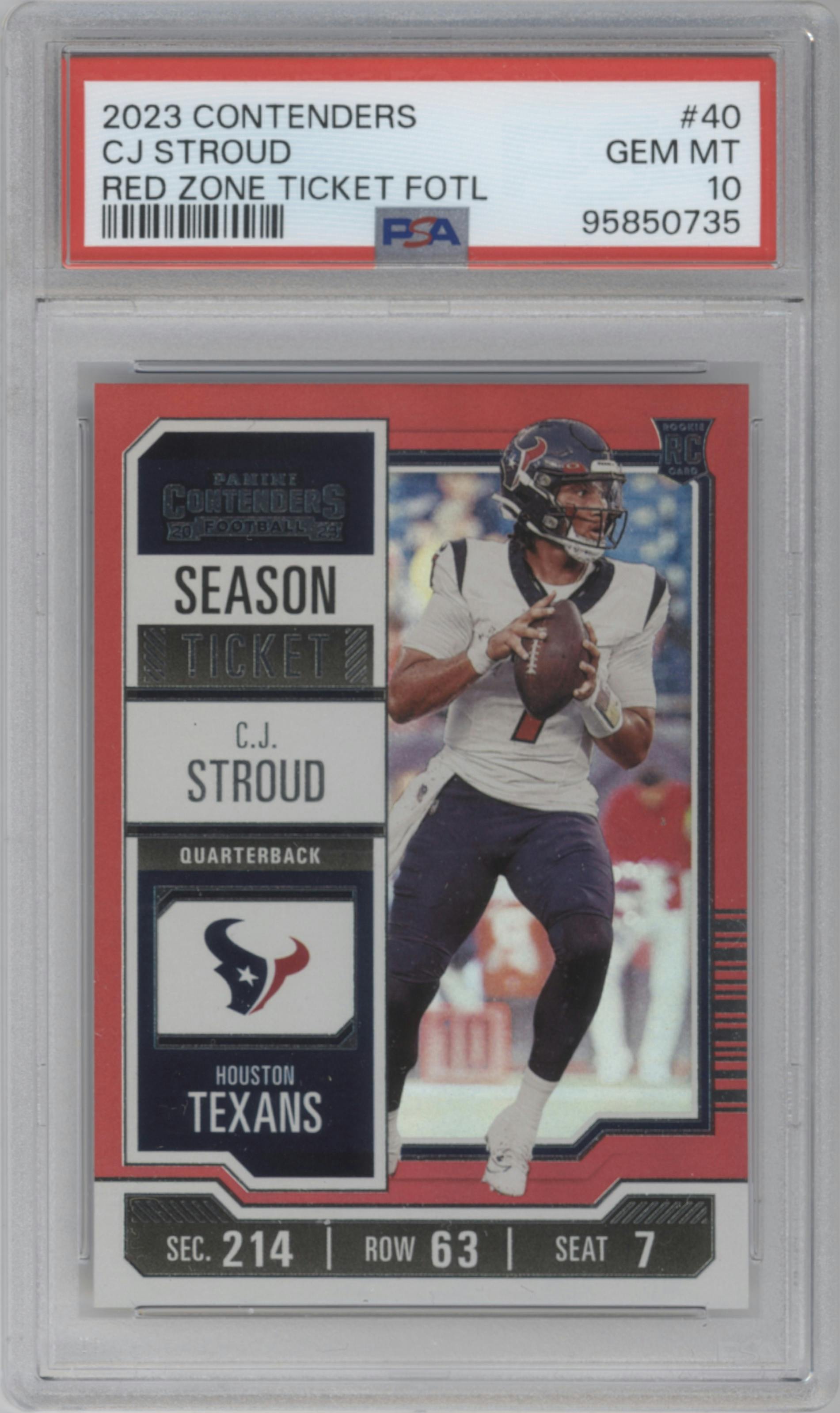C.J. Stroud from the 2023 Panini Contenders set featuring a Red Zone Ticket 1st Off the Line parallel graded by PSA and given an overall grade of 10.